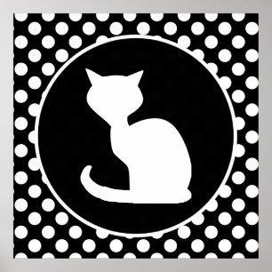 White Cat on Black and White Polka Dots Poster