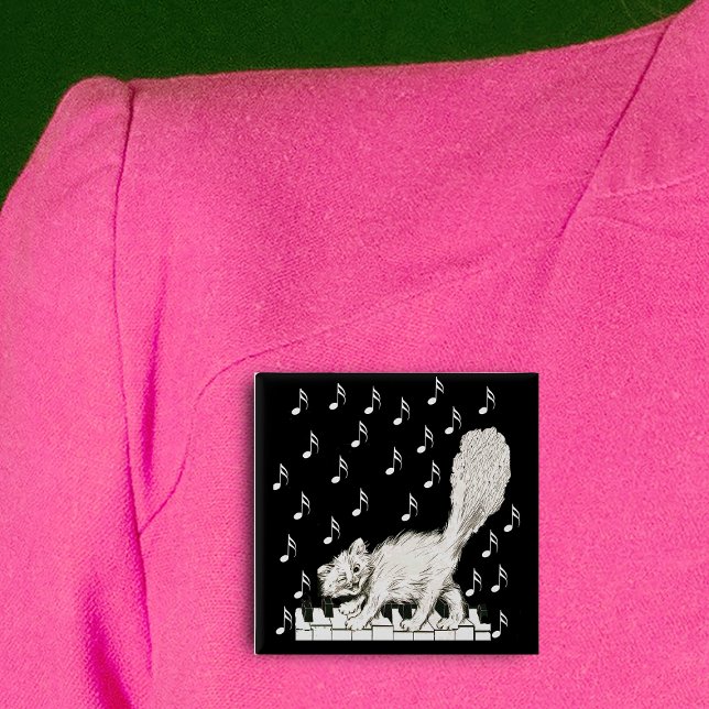 White Cat on Piano Keys 15 Cm Square Badge (Happy winking white cat on piano keys music notes on black square pin back button.)