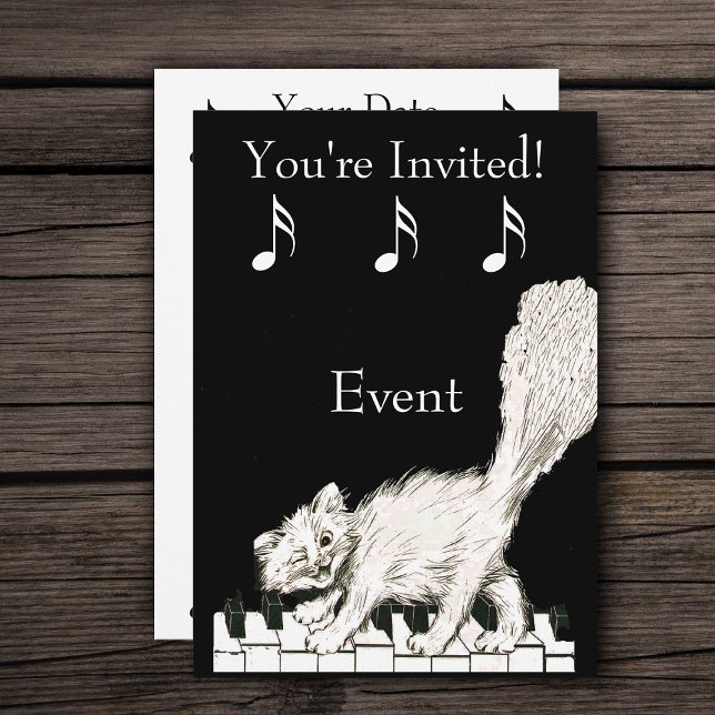 White Cat on Piano Keys Invitation (White winking cat walking on piano keys music notes on black party invitations.)