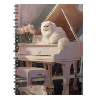 White Cat on Pink Piano Spiral Notebook