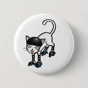 White cat on rollerskates 6 cm round badge