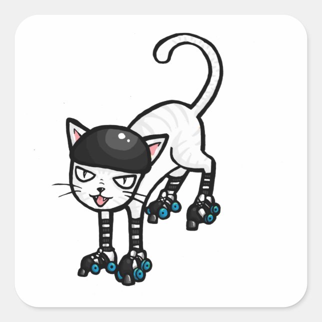 White cat on rollerskates square sticker (Front)