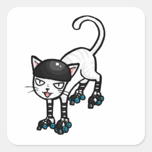 White cat on rollerskates square sticker