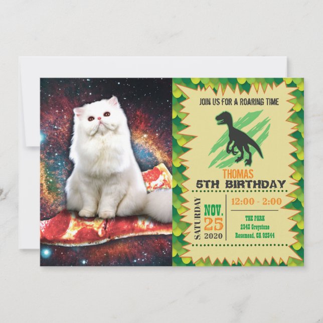 White cat on the pizza invitation (Front)