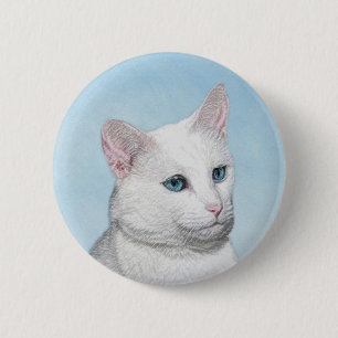 White Cat Painting - Cute Original Cat Art 6 Cm Round Badge