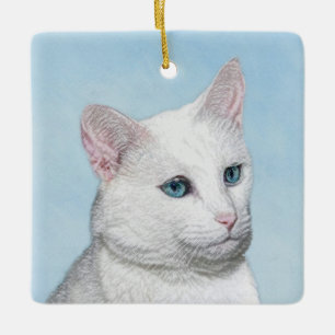 White Cat Painting - Cute Original Cat Art Ceramic Ornament