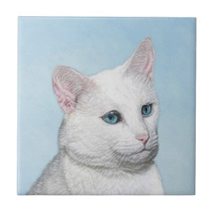 White Cat Painting - Cute Original Cat Art Ceramic Tile