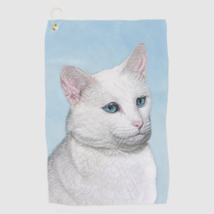 White Cat Painting - Cute Original Cat Art Golf Towel