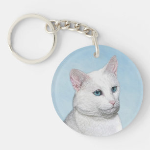 White Cat Painting - Cute Original Cat Art Key Ring