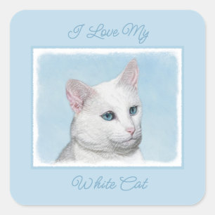 White Cat Painting - Cute Original Cat Art Square  Sticker