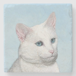 White Cat Painting - Cute Original Cat Art Stone Coaster