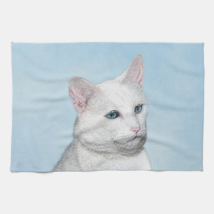 White Cat Painting - Cute Original Cat Art Tea Towel