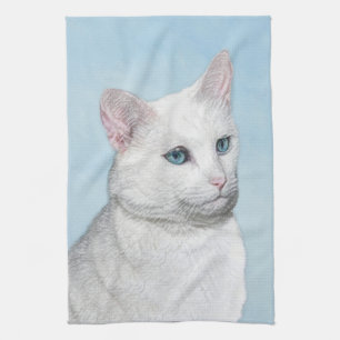 White Cat Painting - Cute Original Cat Art Tea Towel