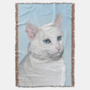 White Cat Painting - Cute Original Cat Art Throw Blanket