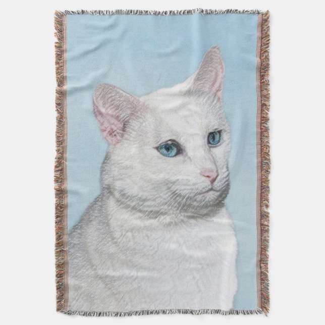 White Cat Painting - Cute Original Cat Art Throw Blanket (Front Vertical)