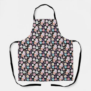 White Cat Pastel Floral Black Romantic Botanical Apron