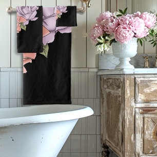 White Cat Pastel Floral Black Romantic Botanical Bath Towel Set