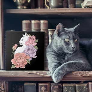 White Cat Pastel Floral Black Romantic Botanical Ceramic Tile