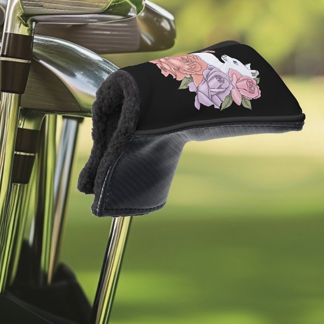 White Cat Pastel Floral Black Romantic Botanical Golf Head Cover (Creator Uploaded)
