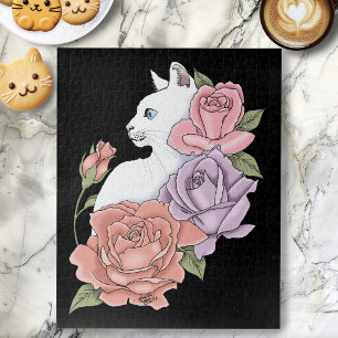 White Cat Pastel Floral Black Romantic Botanical Jigsaw Puzzle