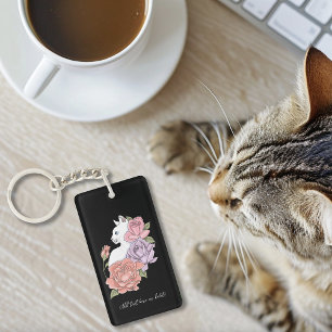 White Cat Pastel Floral Black Romantic Botanical Key Ring
