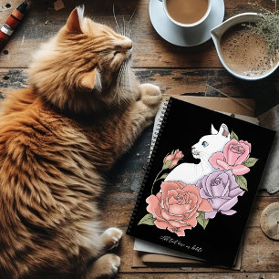 White Cat Pastel Floral Black Romantic Botanical Notebook
