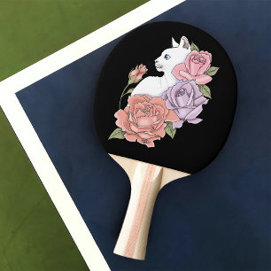 White Cat Pastel Floral Black Romantic Botanical Ping Pong Paddle