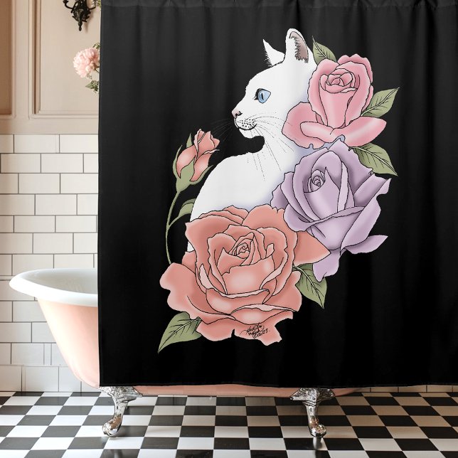 White Cat Pastel Floral Black Romantic Botanical Shower Curtain (Creator Uploaded)