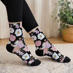 White Cat Pastel Floral Black Romantic Botanical Socks