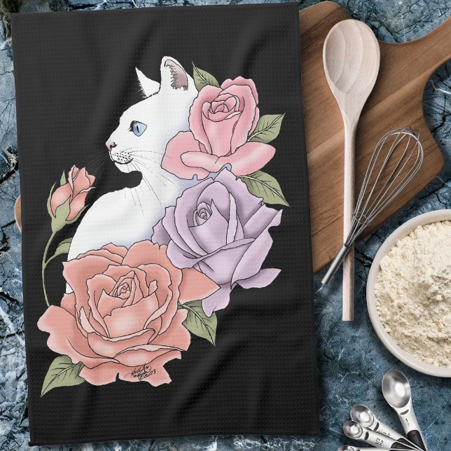 White Cat Pastel Floral Black Romantic Botanical Tea Towel (Creator Uploaded)