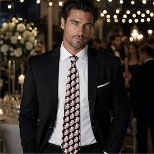 White Cat Pastel Floral Black Romantic Botanical Tie