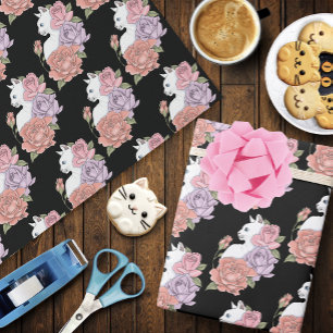 White Cat Pastel Floral Black Romantic Botanical Wrapping Paper