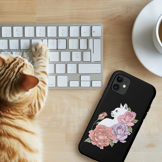 White Cat Peach Lavender Pink Roses Case-Mate iPhone Case (Creator Uploaded)