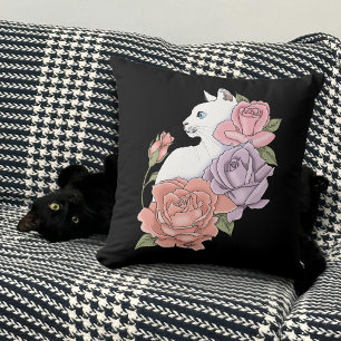 White Cat Peach Lavender Pink Roses Cushion