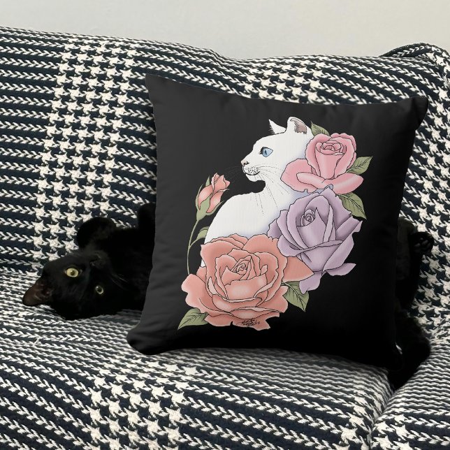 White Cat Peach Lavender Pink Roses Cushion (Creator Uploaded)