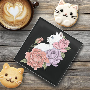 White Cat Peach Lavender Pink Roses Glass Coaster