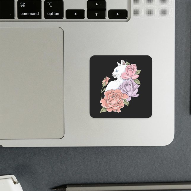 White Cat Peach Lavender Pink Roses Square Sticker (Creator Uploaded)