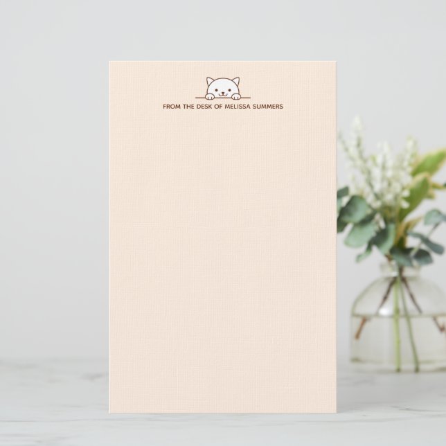 White Cat Peeking above Custom Text Beige Stationery (Standing Front)