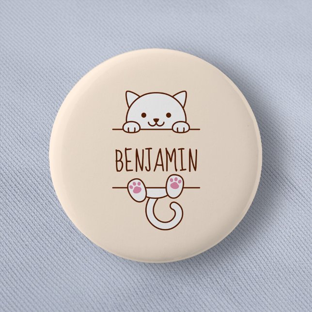 White Cat Peeking behind Custom Name 6 Cm Round Badge (Creator Uploaded)