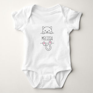 White Cat Peeking behind Custom Name Baby Bodysuit