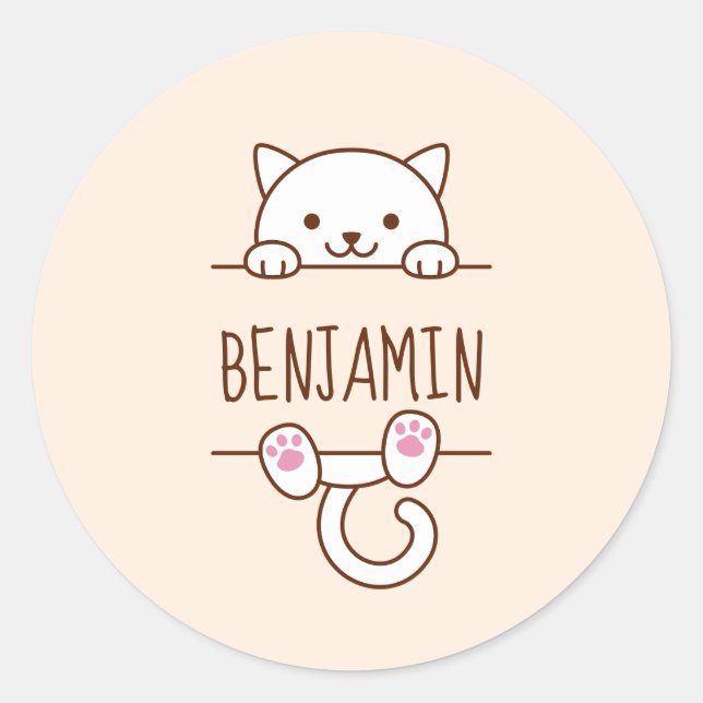 White Cat Peeking behind Custom Name Classic Round Sticker (Front)