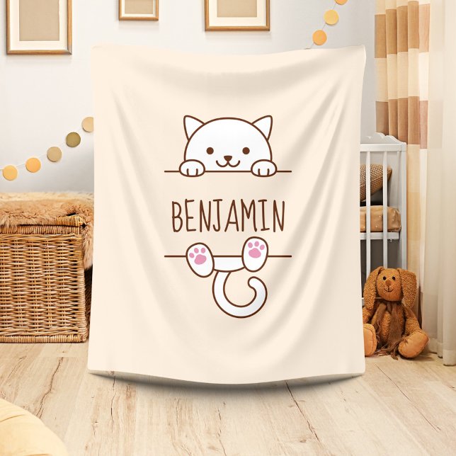 White Cat Peeking behind Custom Name Fleece Blanket (Creator Uploaded)