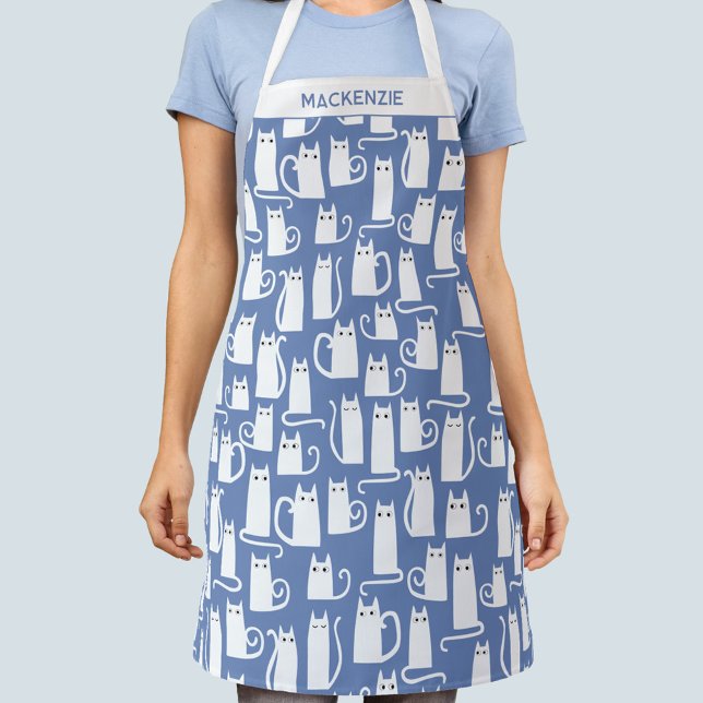 White Cat Personalised Blue Apron (Creator Uploaded)