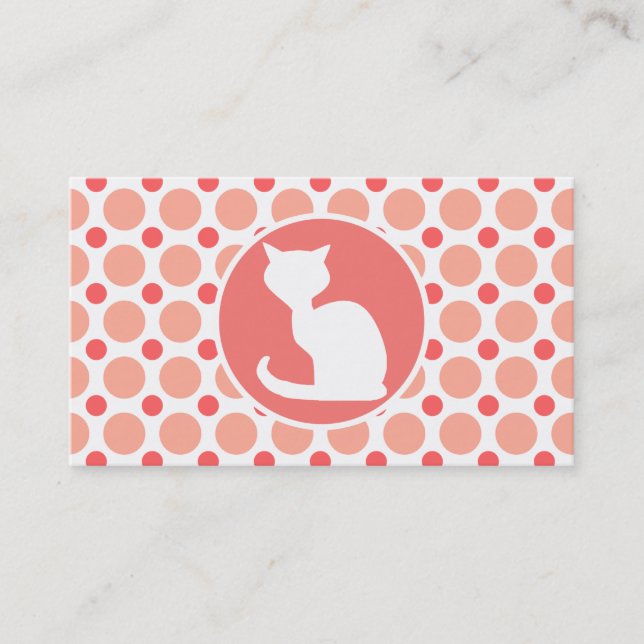 White Cat; Pink & Coral Polka Dots Business Card (Front)