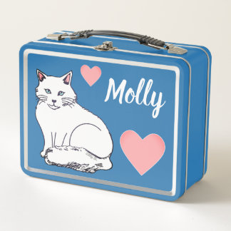 White Cat Pink Hearts Personalised Metal Lunch Box