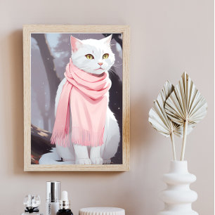 White Cat Pink Outfit Fall Winter Manga Wall Art 