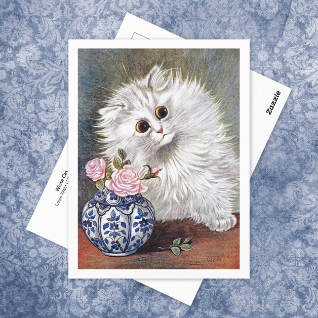 White Cat Pink Roses Louis Wain Postcard (Creator Uploaded)