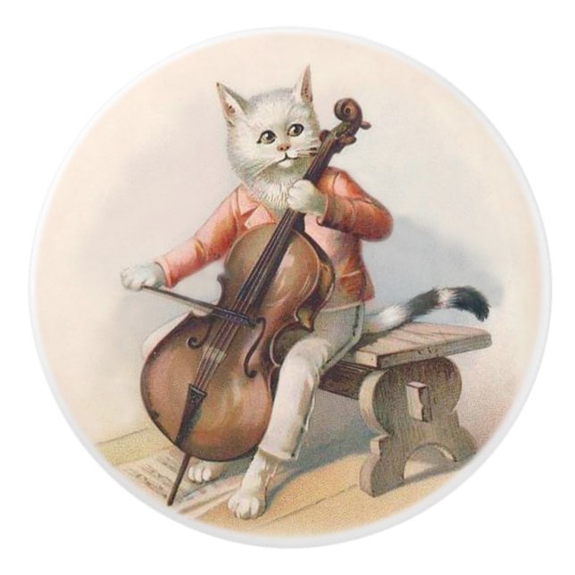 White Cat Playing Cello Decorative Knob (Front)