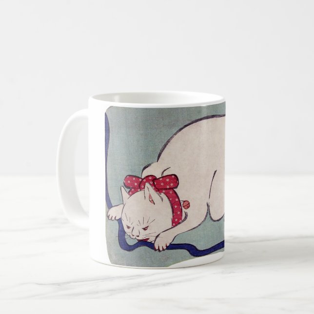 White Cat Playing With a String, Hiroshige Coffee Mug (Front Left)