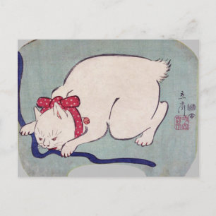 White Cat Playing With a String, Hiroshige Postcard